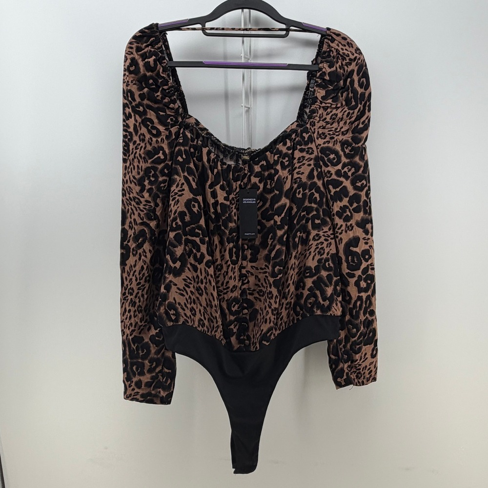 AFRM Bodysuit Women Large Brown Leopard Print Square Neck Long Sleeve Animal NWT